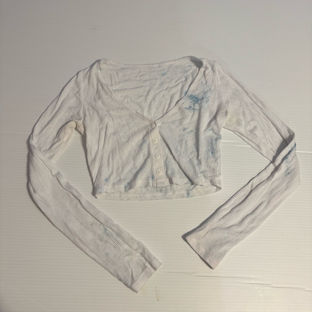 Alo Yoga Ribbed Cropped Whisper Cardigan White Blue Tie Dye XS